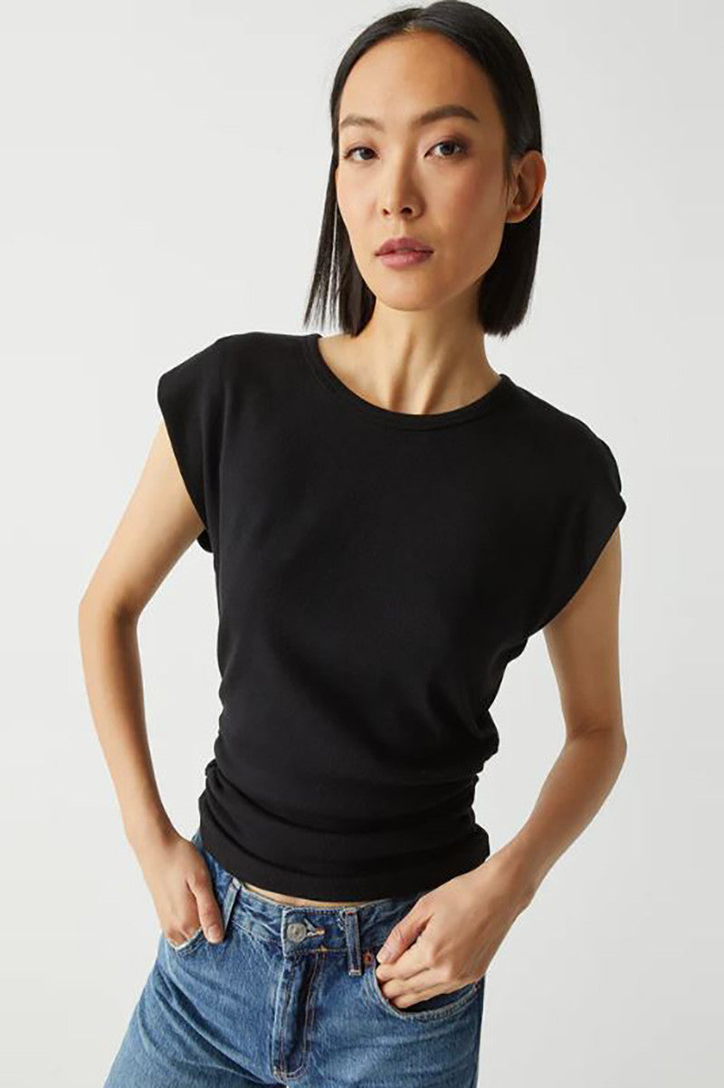 Joni Crewneck power shoulder top in black front view