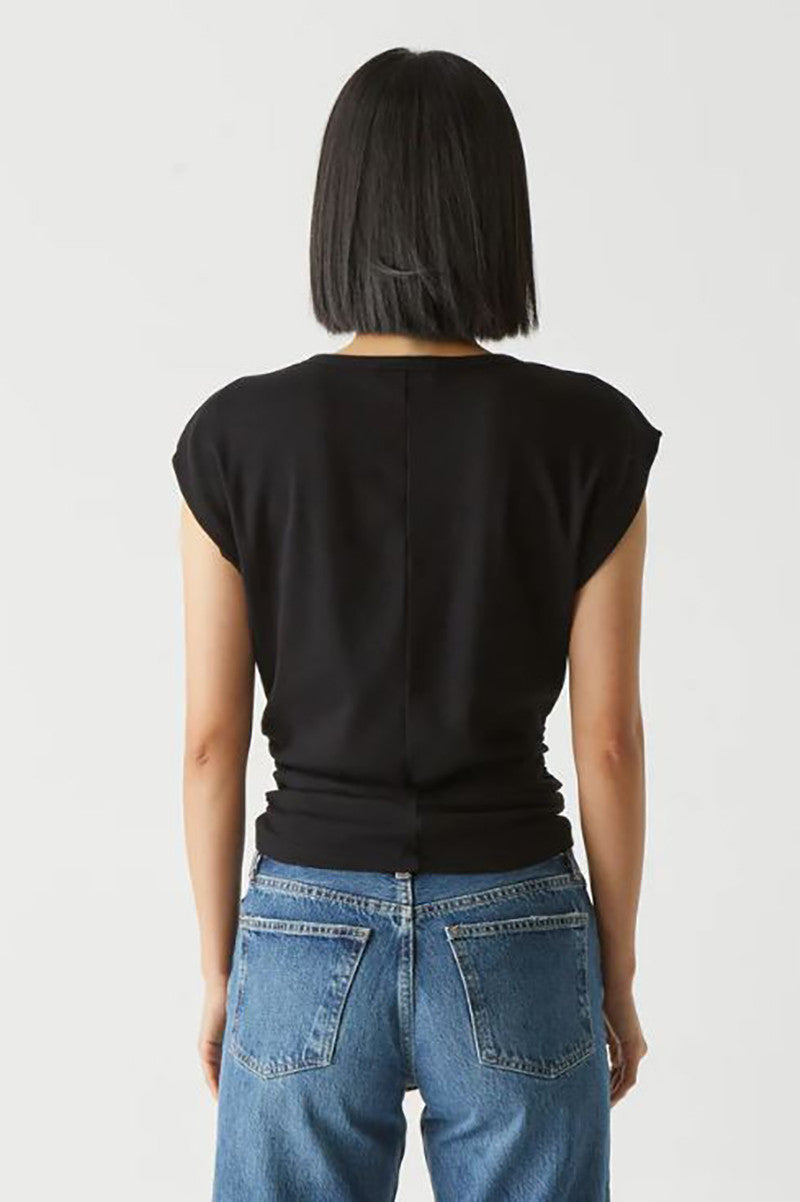 Joni Crewneck power shoulder top in black back view