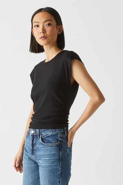 Joni Crewneck power shoulder top in black side view