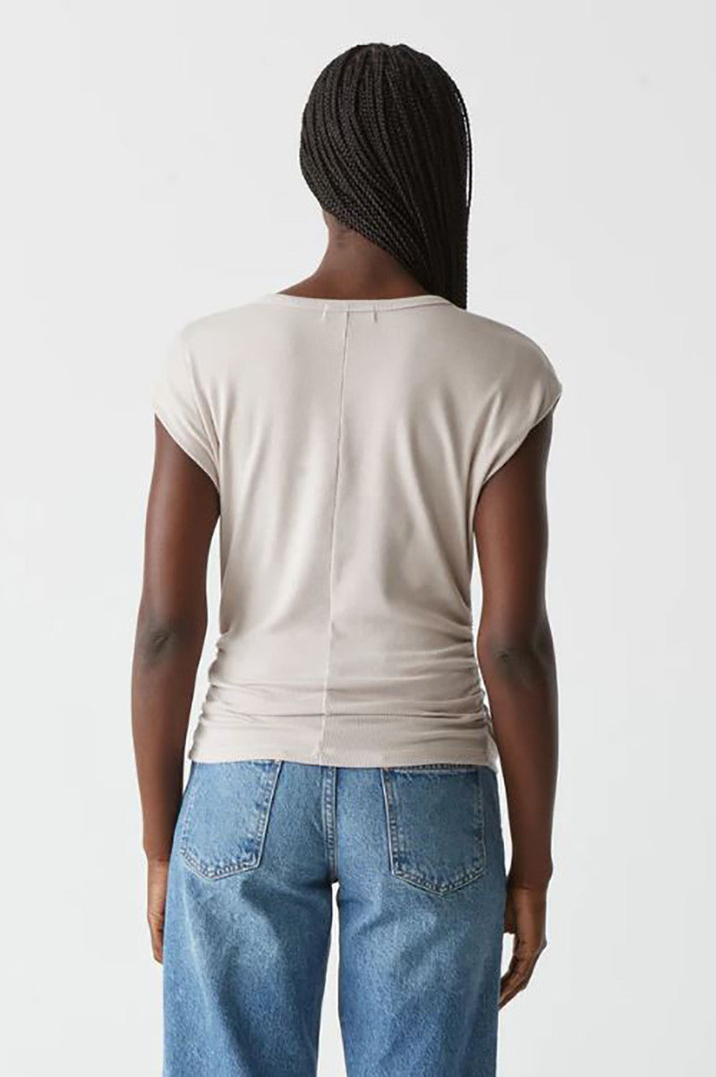 Joni Crewneck power shoulder top in cement back view