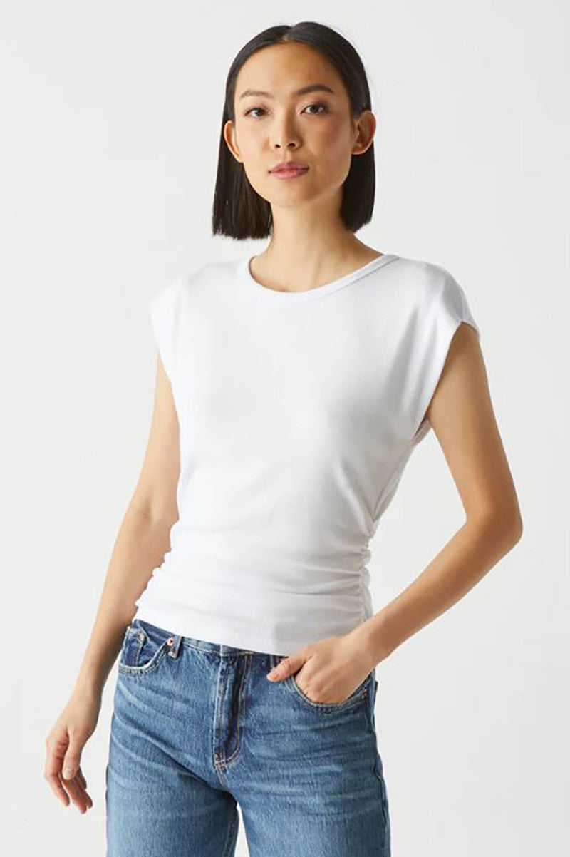 Joni Crewneck power shoulder top in white front view