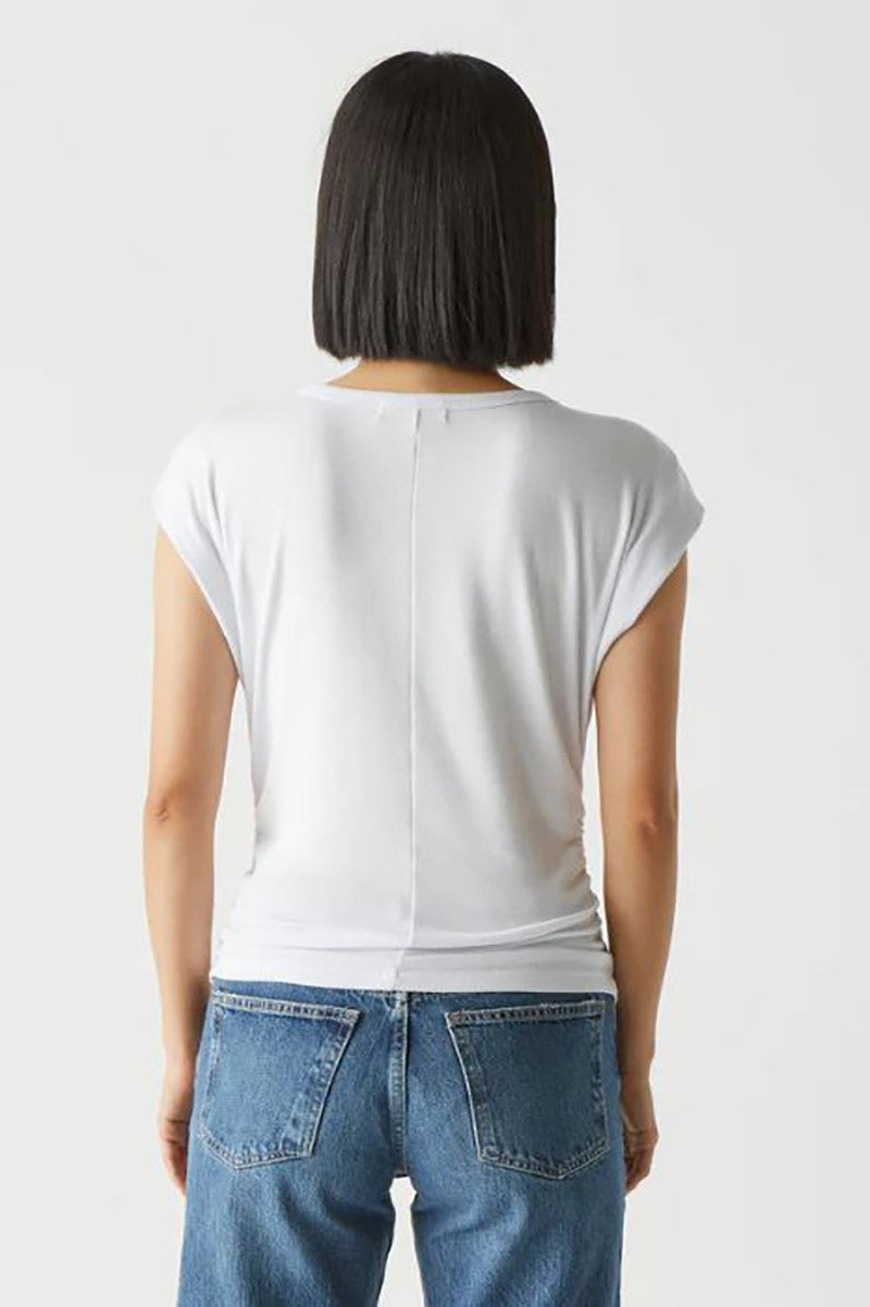 Joni Crewneck power shoulder top in white back view