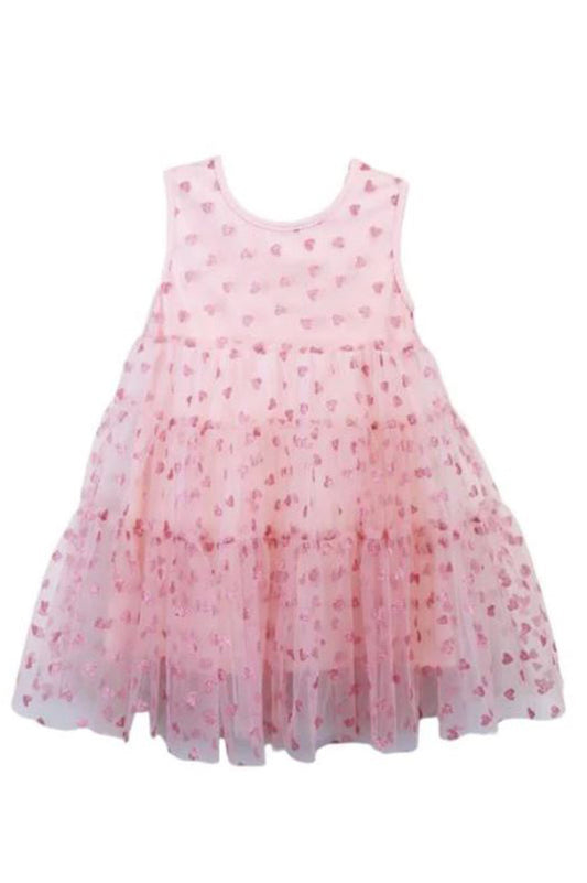 Glitter heart mesh layer dress in pink front view
