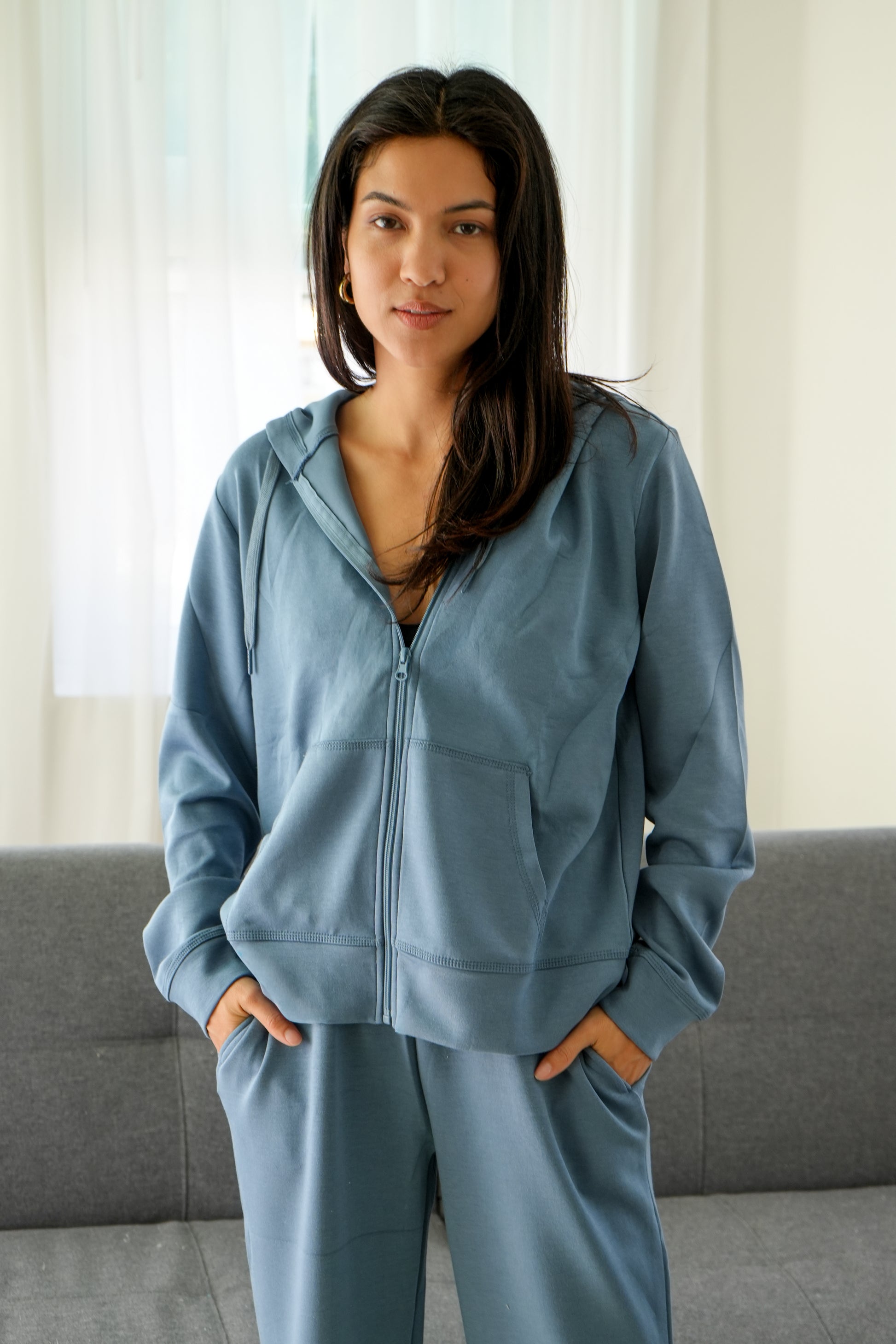 CLOUD FLEECE FULL ZIP HOODIE IN BLUE JEAN FRONT VIEW