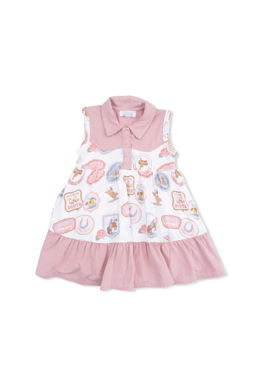 COWBOY BODYSUIT DRESS IN RODEO PATCHES PINK FRONT VIEW