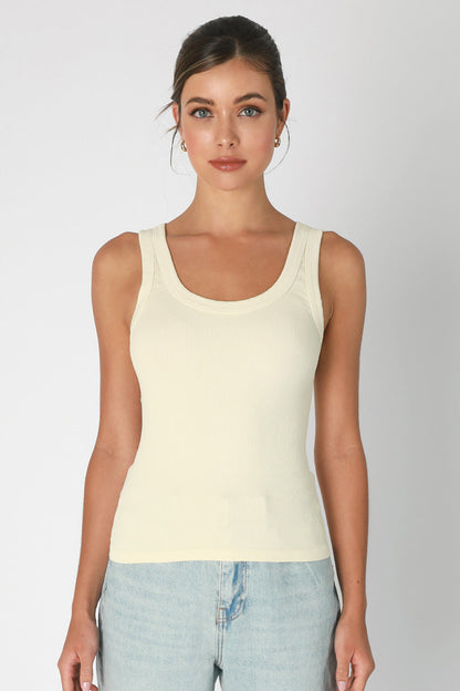 REVERSIBLE RIBBED TANK TOP IN BUTTER CREAM FRONT VIEW