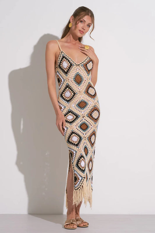 Crochet tank maxi dress in natural multi front view
