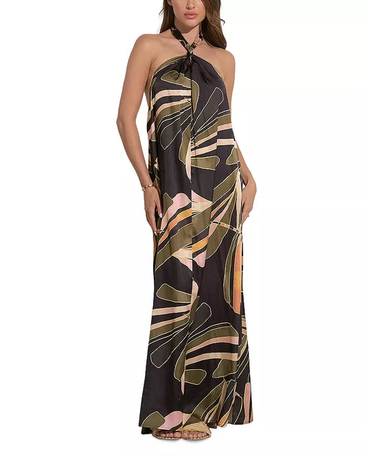 Halter maxi dress in black manila print front view