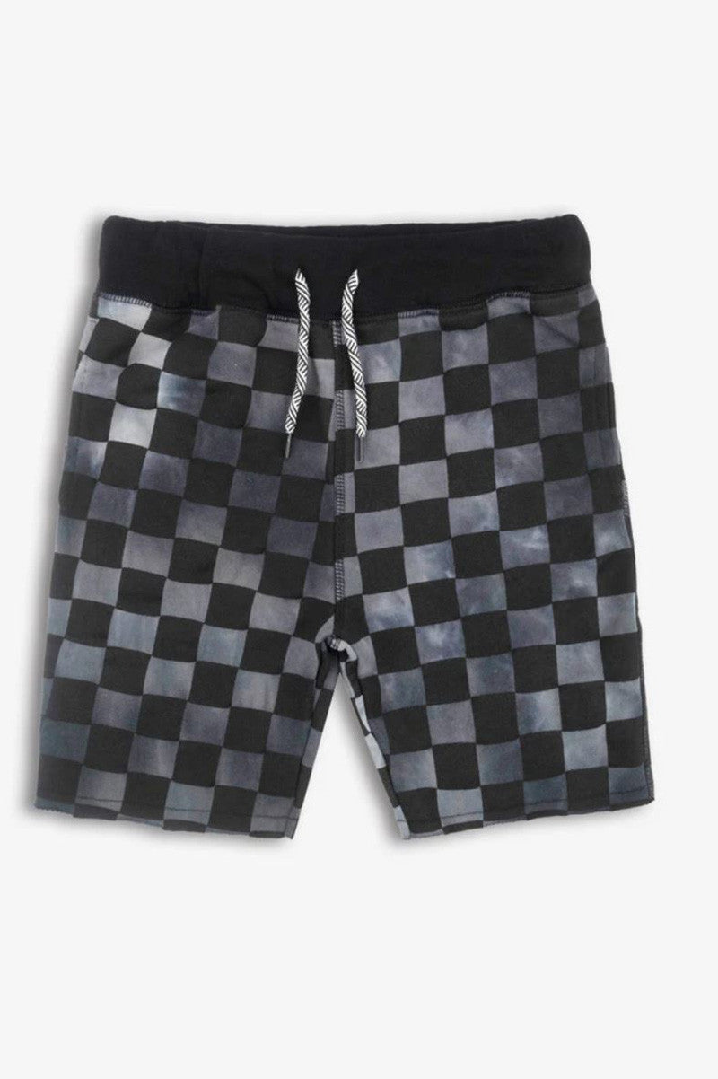 Camp shorts in black checker front view