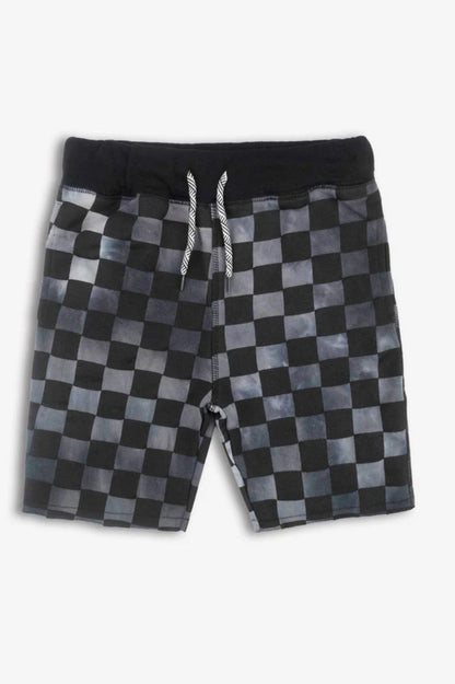 Camp shorts in black checker front view