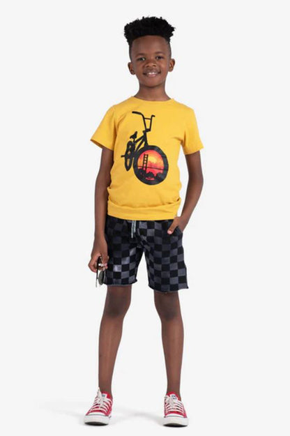 Camp shorts in black checker style view