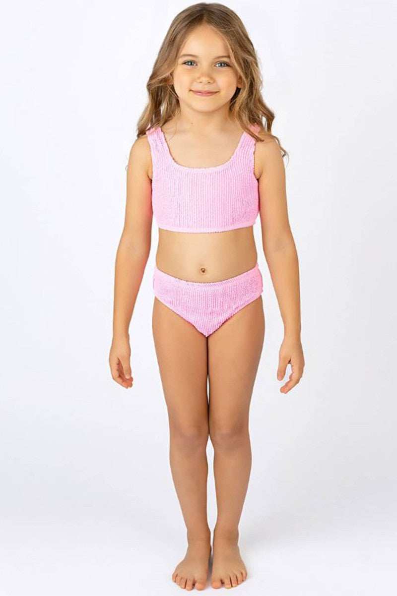 girls pink crinkle bikini, front view 