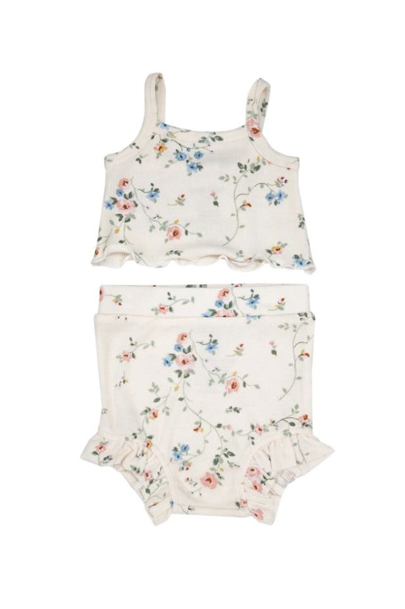 Rib tank and hi waist short set in climbing roses front view