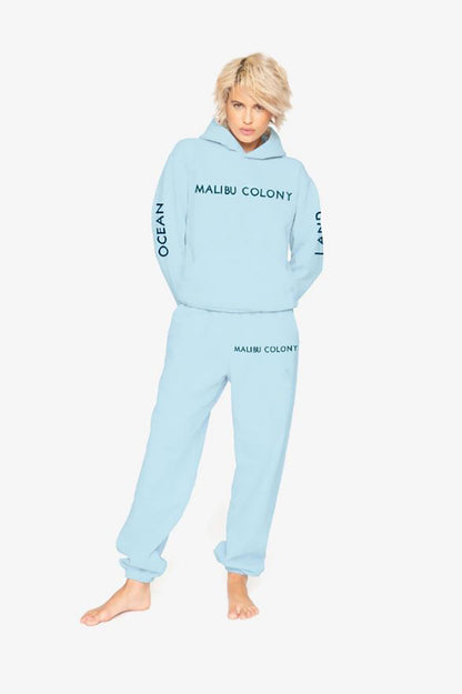 Malibu colony hoodie in light blue front view