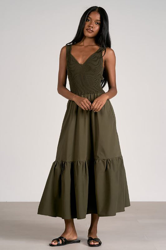 Mixed media tank maxi dress in olive front view