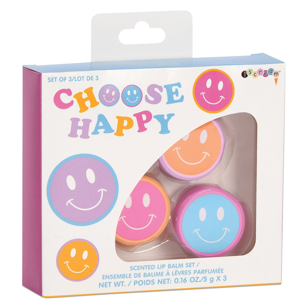 Choose happy lip balms in packaging front  view