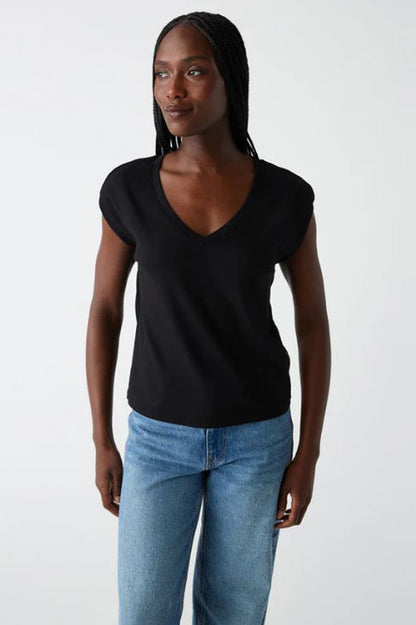 Tati vneck power shoulder top in black front view