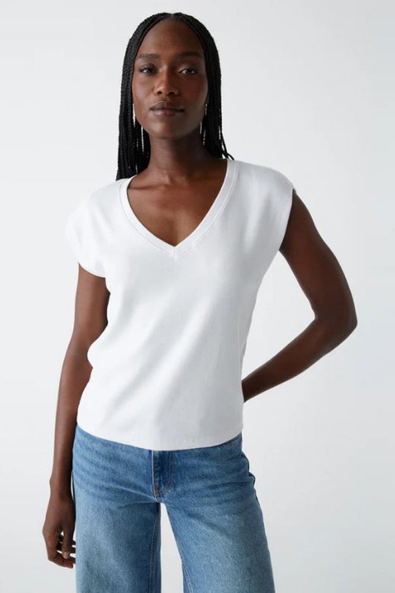 Tati vneck power shoulder top in white front view