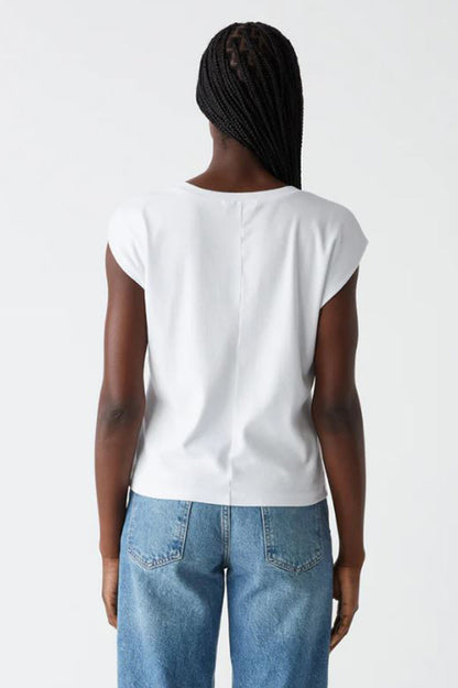 Tati vneck power shoulder top in white back view