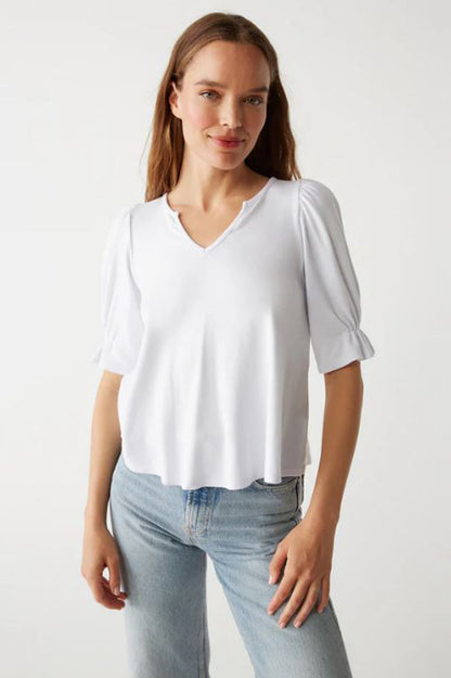 Gillian split neck balloon sleeve tee in white front view
