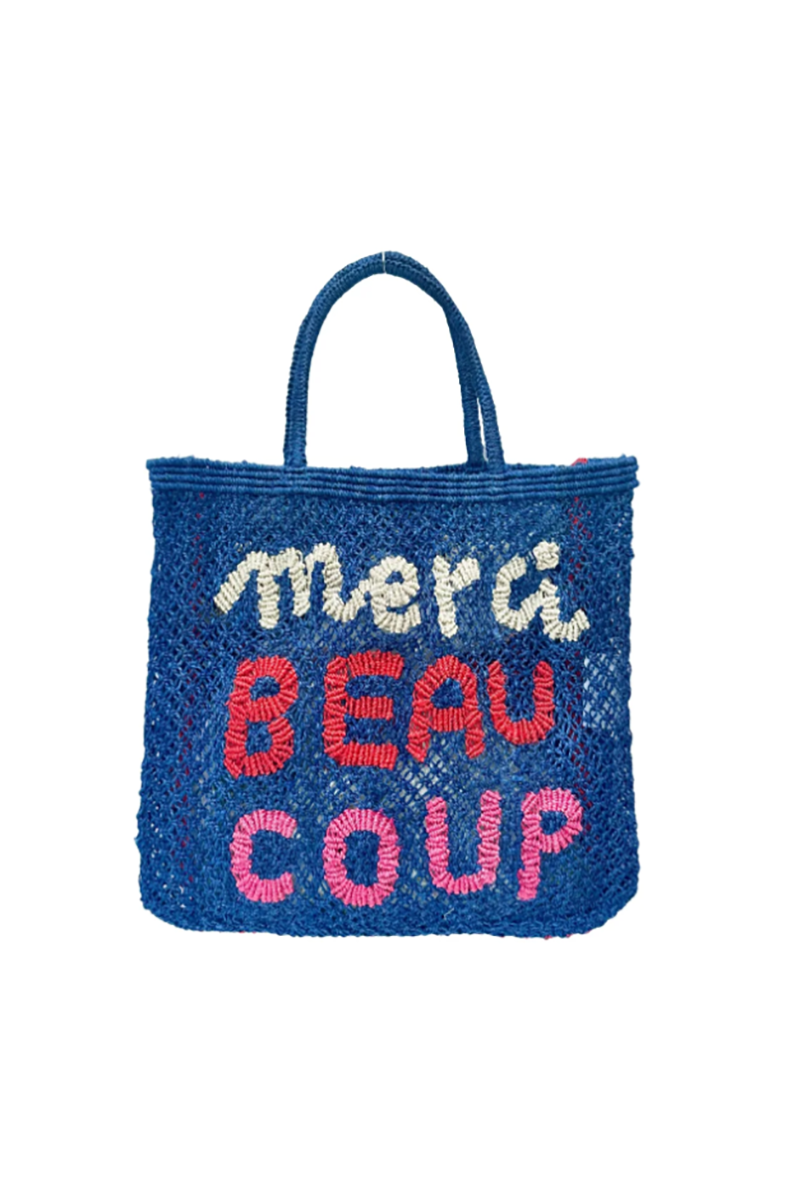 Grand cabas en jute indigo brodé « MERCI BEAUCOUP »