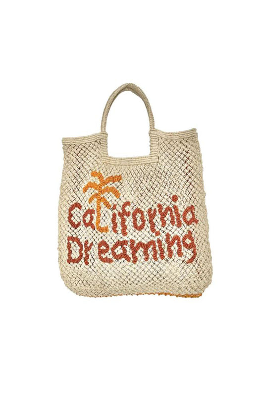 Natural jute tote bag with handles, “California Dreaming” embroidery