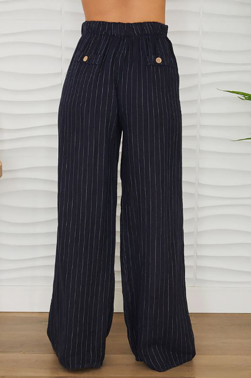 Linen pinstripe wide leg trouser in navy back view