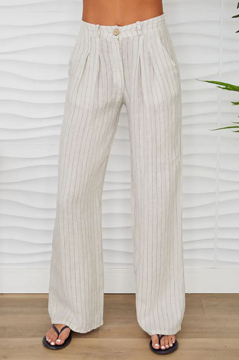 Linen pinstripe wide leg trouser in beige front view