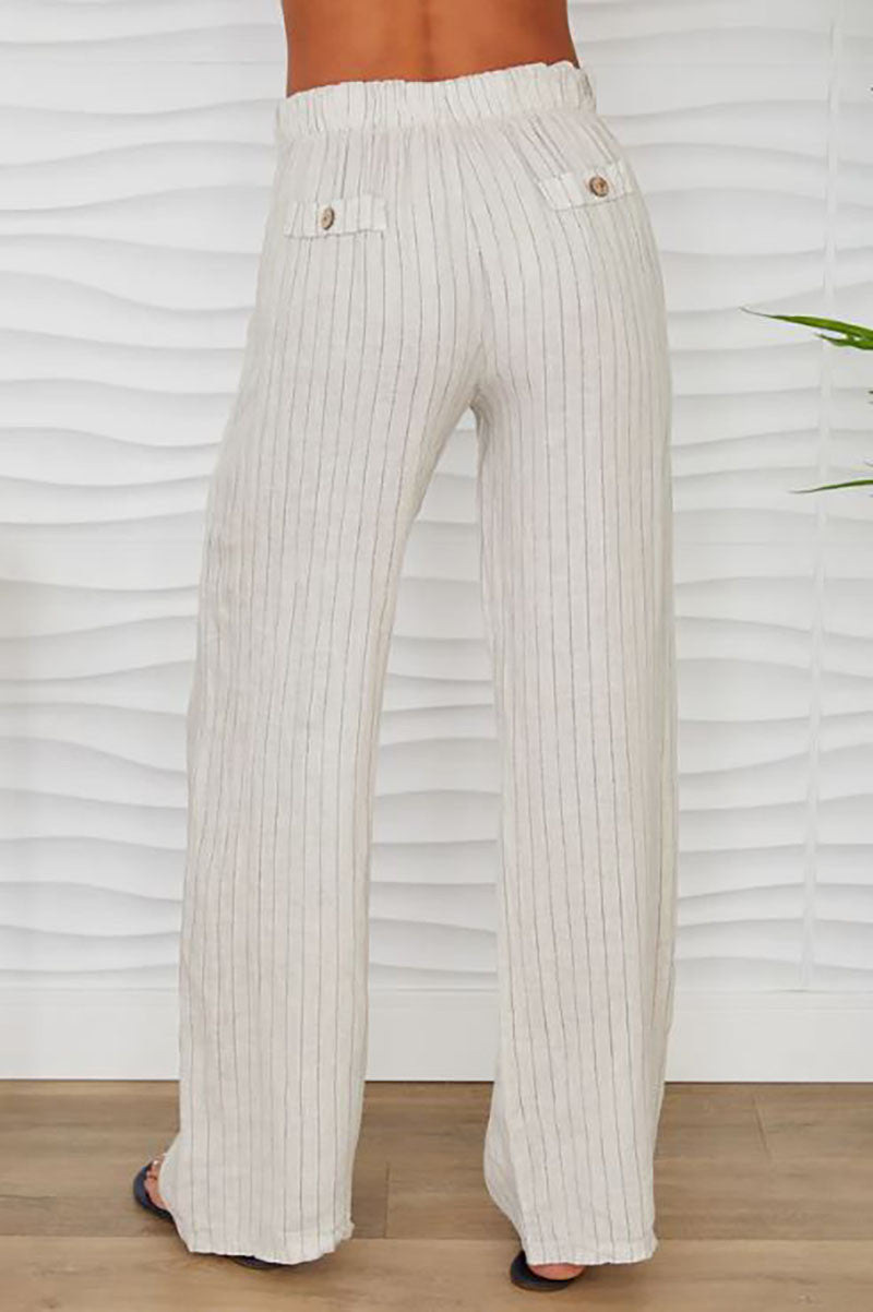 Linen pinstripe wide leg trouser in beige back  view