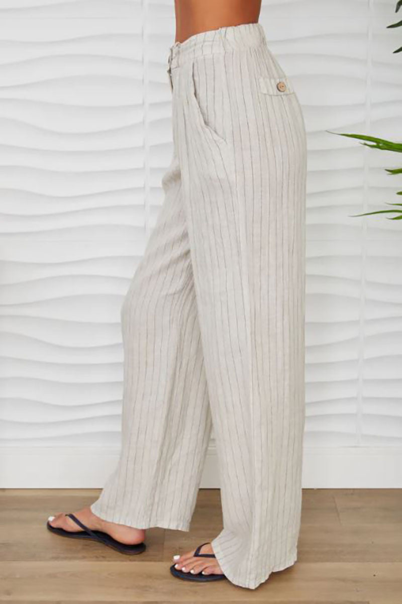 Linen pinstripe wide leg trouser in beige side view