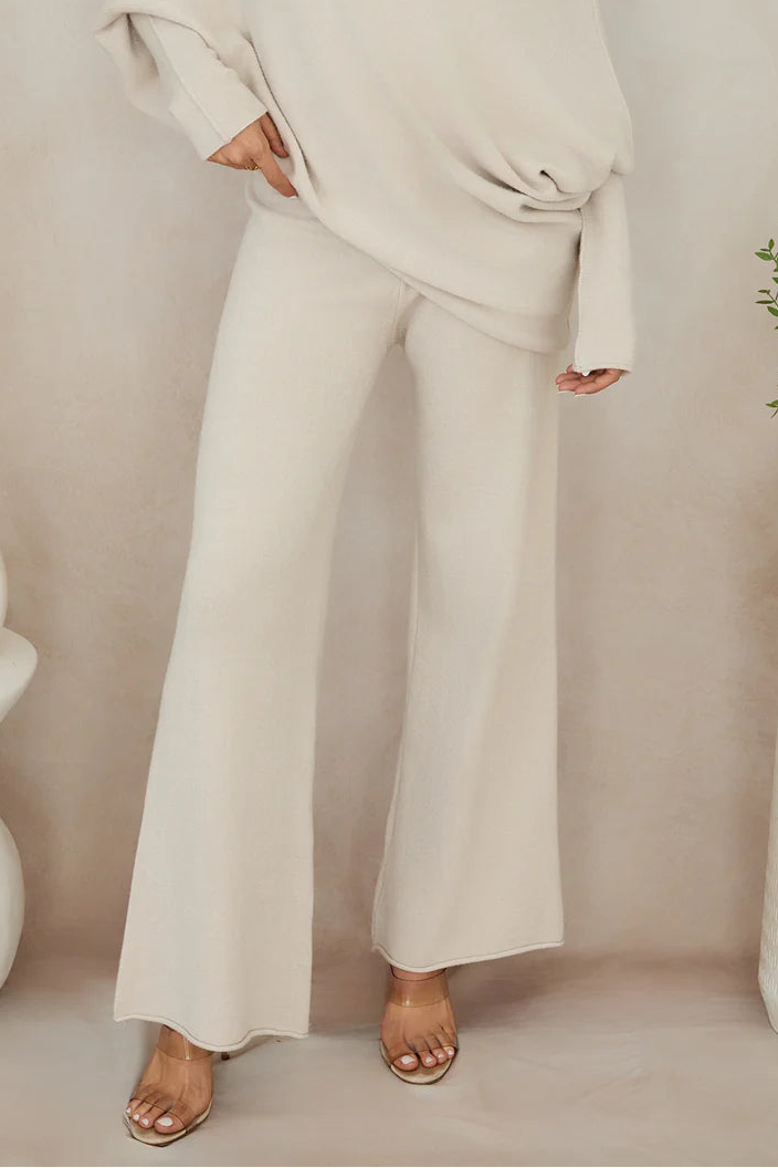 ITALIAN VISCOSE KNIT FLARED PANT IN CLASSIC BEIGE FRONT VIEW