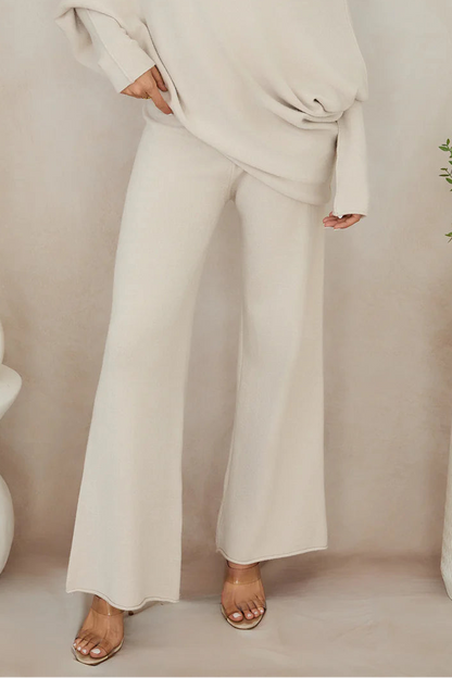 ITALIAN VISCOSE KNIT FLARED PANT IN CLASSIC BEIGE FRONT VIEW