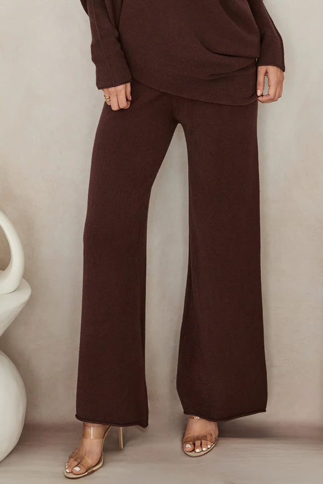 ITALIAN VISCOSE KNIT FLARED PANT IN CHOCOLATE BROWN FRONT VIEW