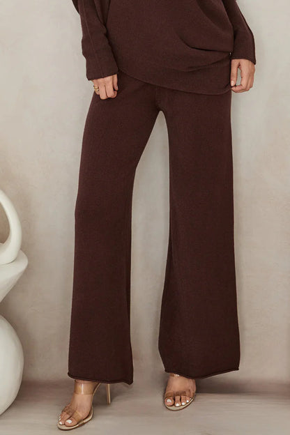 ITALIAN VISCOSE KNIT FLARED PANT IN CHOCOLATE BROWN FRONT VIEW
