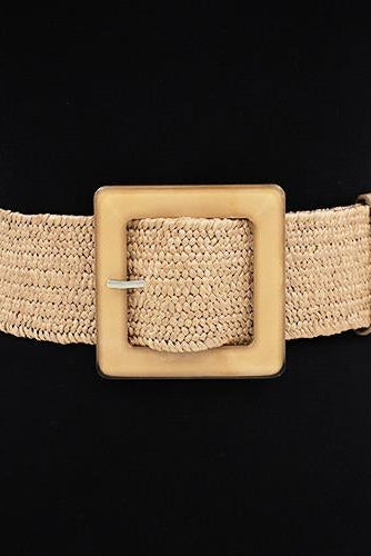 Light woven elastic belt with square tan buckle and centered bar detail.