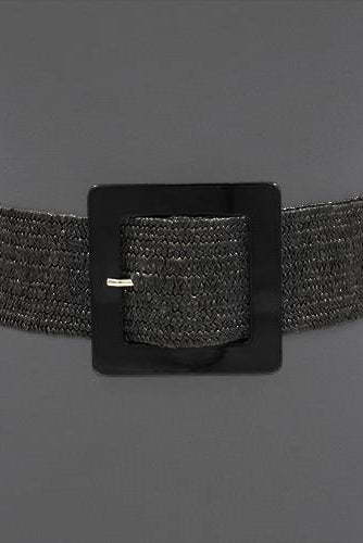 Black woven elastic belt with square dark buckle and small horizontal bar.