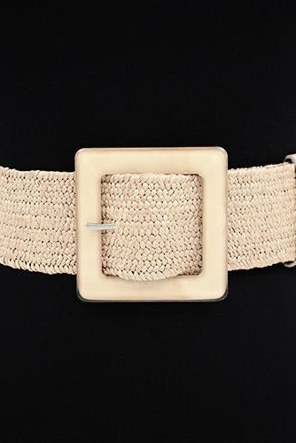 Light woven elastic belt with large square buckle and horizontal bar detail.