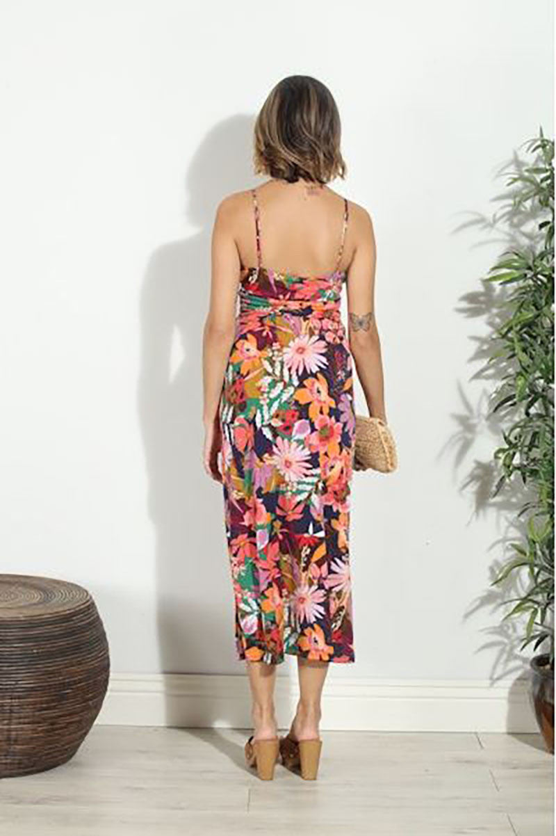 Back view: multicolor floral maxi dress with tie, low open back and straps