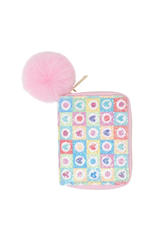 GLITTER HEART SEQUIN WALLET IN PINK FRONT VIEW