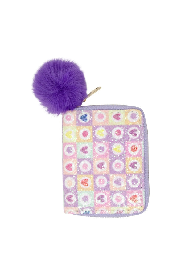 GLITTER HEART SEQUIN WALLET IN PURPLE FRONT VIEW