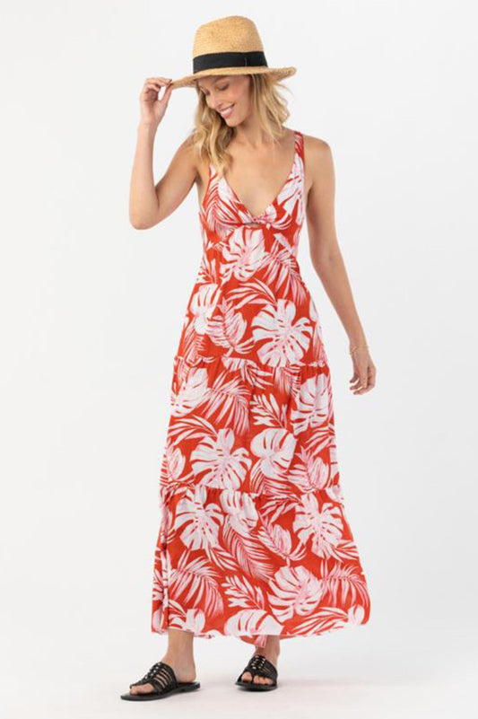 LOVESTRUCK maxi dress, red and white tropical leaf print, spaghetti straps