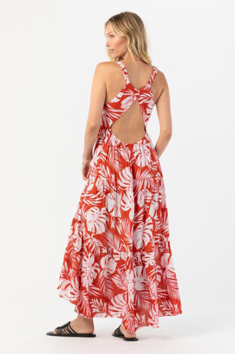 LOVESTRUCK maxi dress, red and white tropical pattern with keyhole back