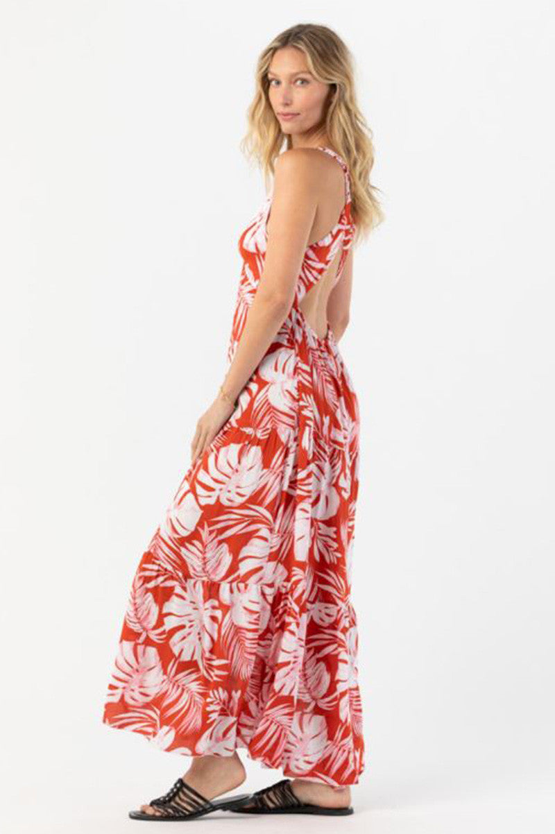 LOVESTRUCK maxi dress in red/white tropical print, open-back V strap detail