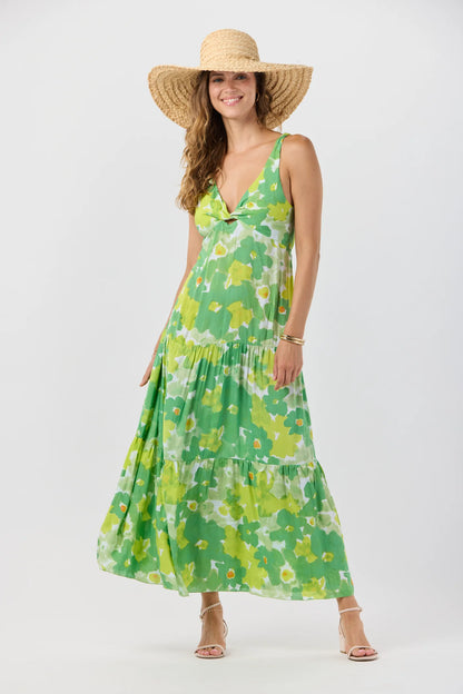 LOVESTRUCK maxi dress in green watercolor print, tiered skirt, V-neck straps