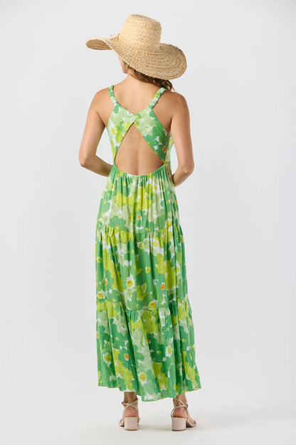 LOVESTRUCK maxi dress, green watercolor print with crisscross open-back straps