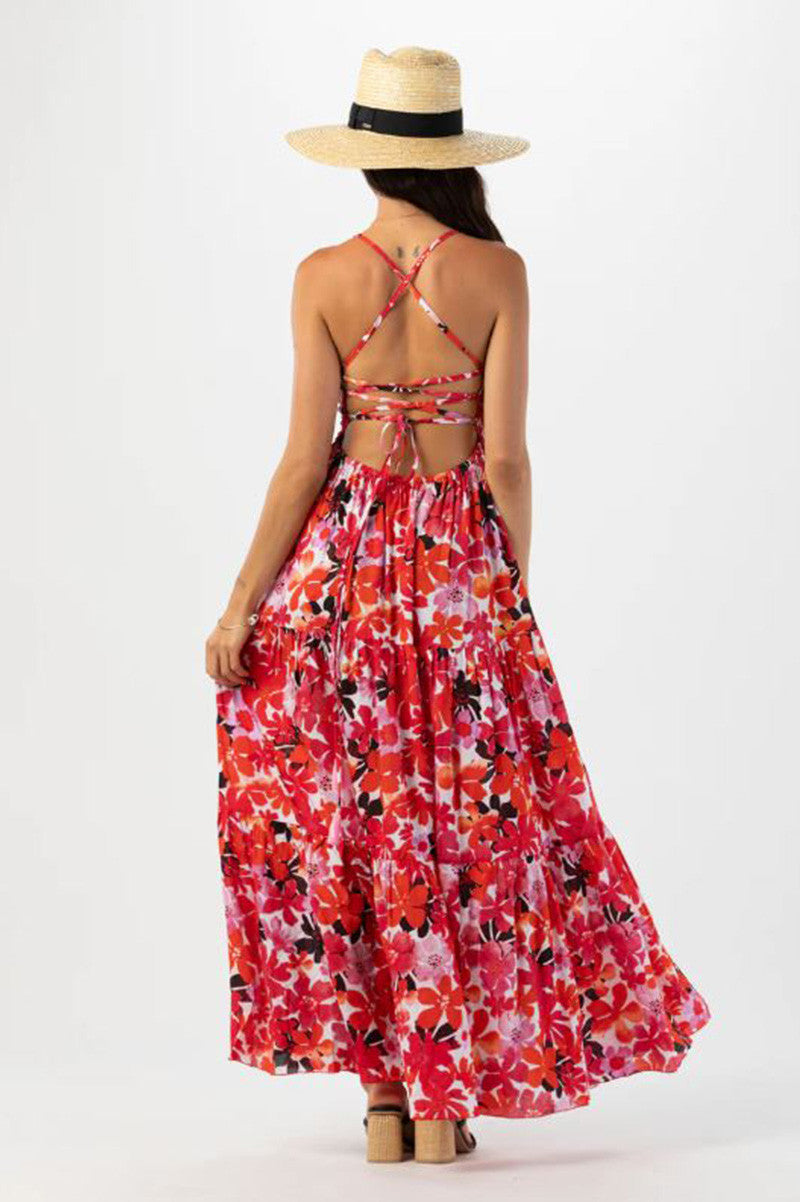 Kailani maxi dress in fiji flowers red back view