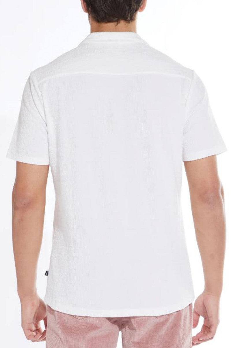 Plata s/s textured knit button up in WHITE back view 