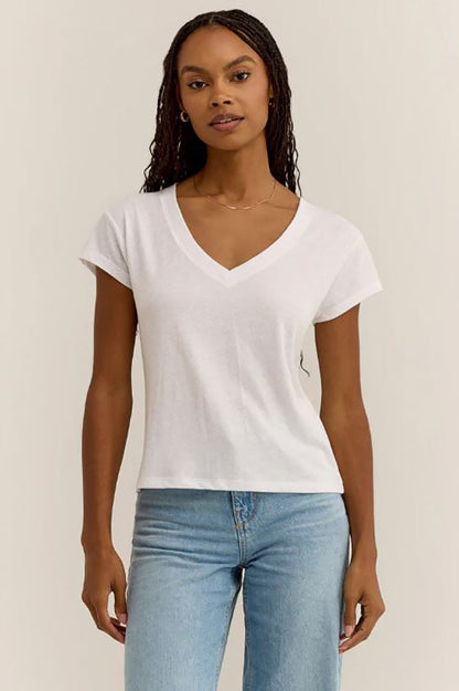 Modern Tri blend vneck tee in white front view