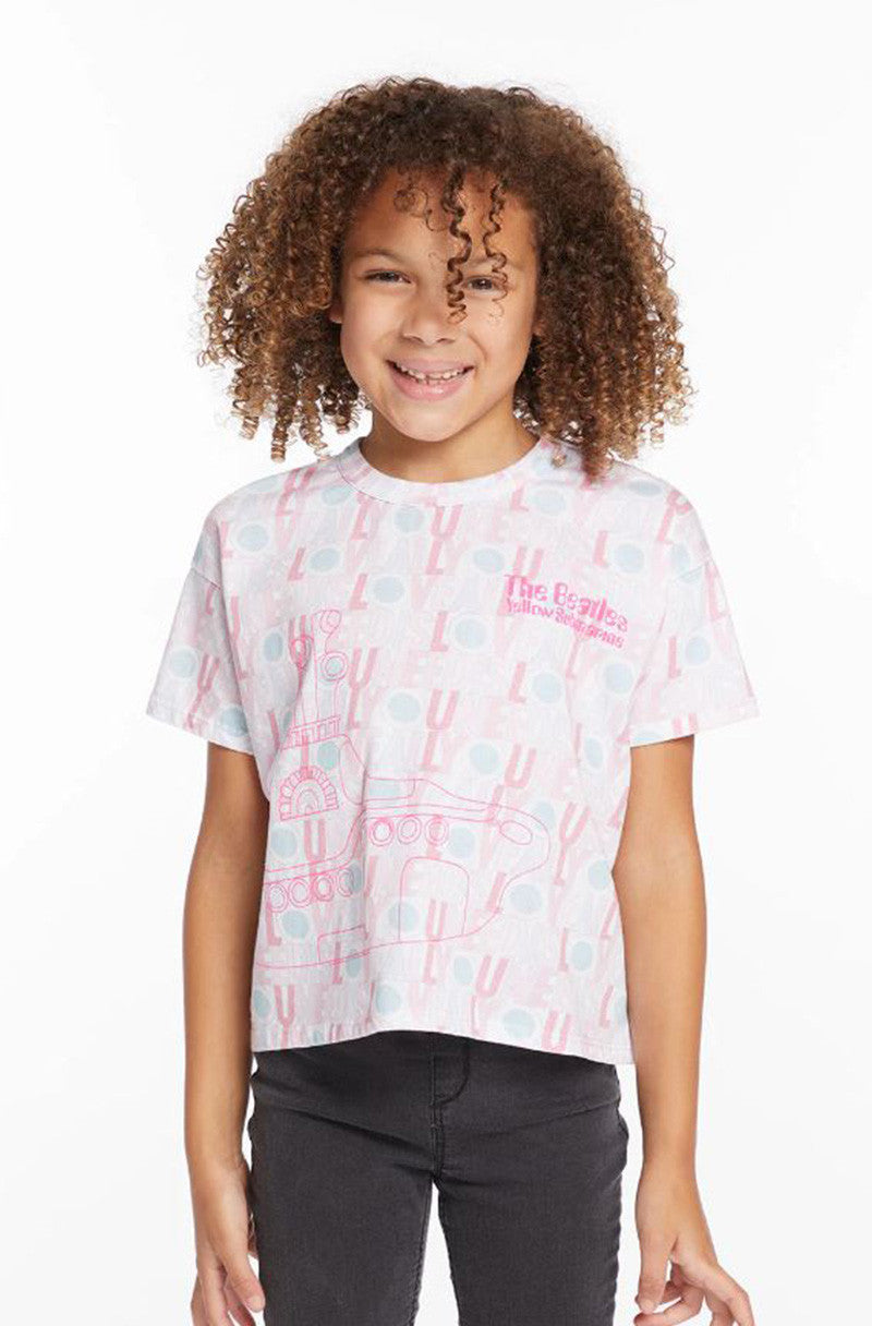 BEATLES ALL U NEED IS LOVE TEE, WHITE AND PINK, FRONT 