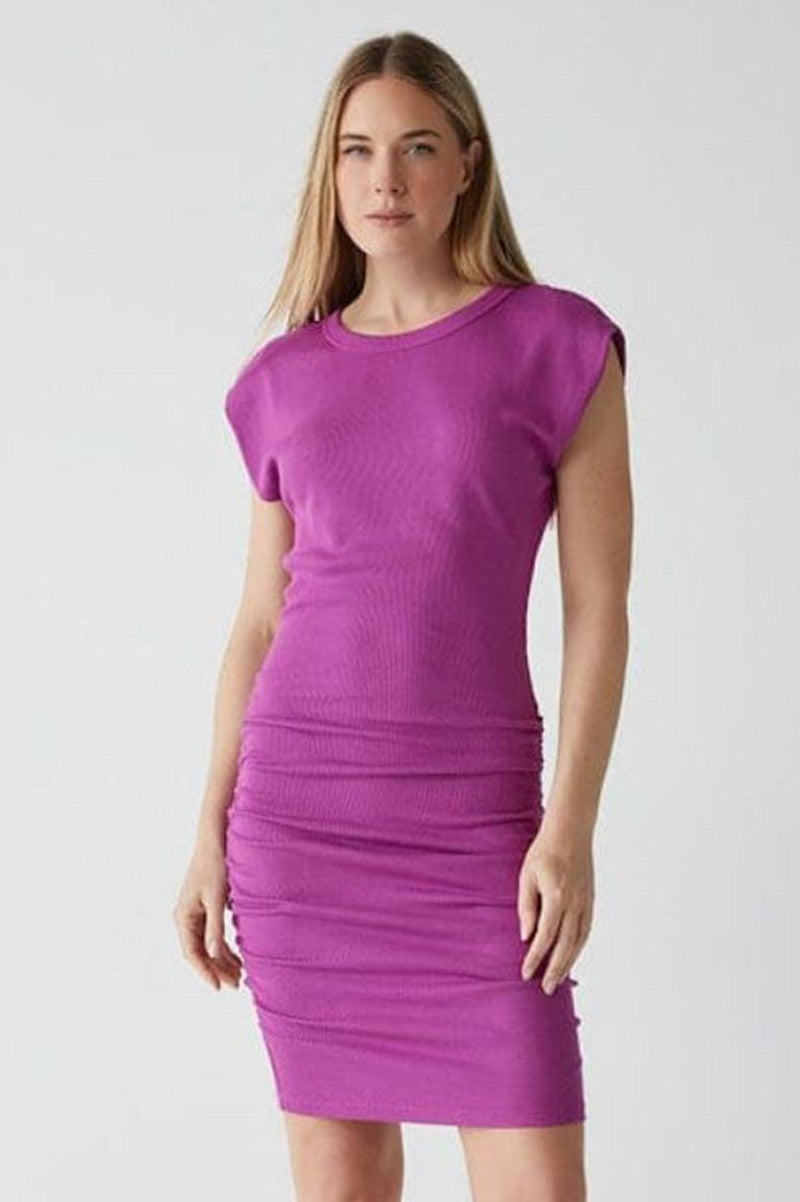 Ricci power shoulder dress in ultraviolet front view
